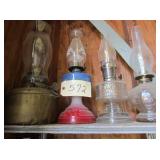 4 Brass, ceramic, glass kerosene lamps