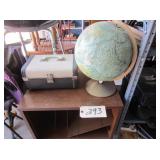 record stand, globe, suitcase