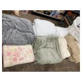 6 Blankets and 3 mattress toppers, laundry basket