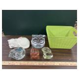 Glass animal paper weights, candle holder with