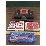 Card shuffler and cards, domino set