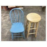 Wood stool and chair, stool 29" high