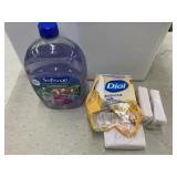 7 bars of soap, bottle soft soap