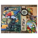 Parrot and pelican bird items, clock, tray,