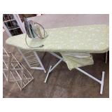 Mirror, ironing board with iron, drying rack