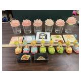 6 glass jars w/flower tops, 8 bumpercar figurines,