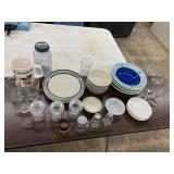 Dishes, salt and pepper shakers, glasses,