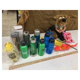 Steeler dog, 9 water bottles, toys,