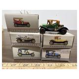 6 small old styled cars, 1 no box, Model T Ford