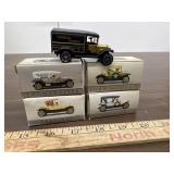 5 small old style cars, 1 no box, Delivery truck