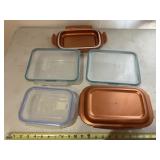 2 Pyrex 6 cup rec. w/lids, 1 Lock & Lock loaf dish