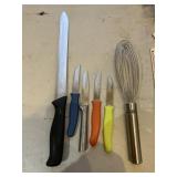 Pampered Chef Bread knife,3 paring knives& whisk