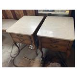 2 maple, marble top end table w/1 drawer