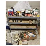 3 shelf metal stand and contents, brake fluid,
