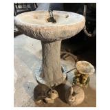 Bird bath and 3 yard ornaments, 2 turtles & bunnie