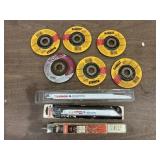 6- 4" grinding wheels, 6013 welding rod &