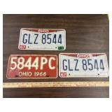 3 Ohio License plates, 1 from 1966