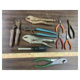9 various style pliers & Craftsman nut driver