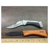2 Lock blade knives, 1 stihl, 1 custom crafted &