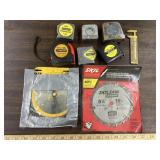2 new circular saw blades, 6 tape measures &