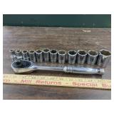 Snap-on 1/2 drive ratchet and 12 sockets
