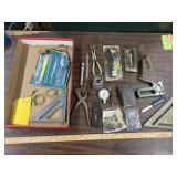 lot with cement tools, squares, bit and more