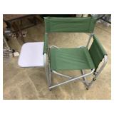 Metal fold up chair, green, side table and storage
