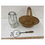 Vintage small rug beater, Tulip jar & basket