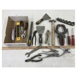 Box of plyers. scrapers & misc tools