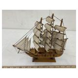 Wooden ship, 1 anchor missing, approx 9 x 9 x 2