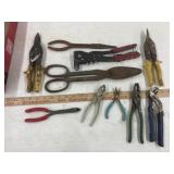 Box of tin snips, pliers pop rivet gun
