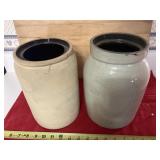 2 crocks, no lids, 9 1/2 & 10 tall