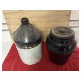 9' tall crock with lid, chip inside edge,& jug