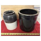 2 crocks, 1 missing lid, has crack on side 8 tall