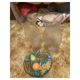 Apple shaped bowl w/fruit, some wood & glass vases