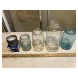 4 Vintage Mason Jars, 2  blue/green, 2 Ball &other