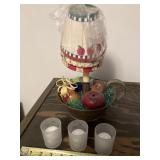 Lamp w/wooden apples, extra shades  & 3 candles