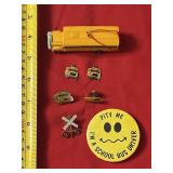 2 school bus & 1 RR Crossing pins, Driver Button &