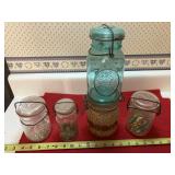 4 canning jars w/wire closures, blue ball jar