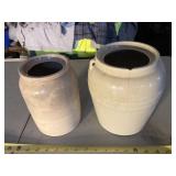 2 crocks, no lids, 8 tall x 5 1/2 & 8 3/4 x 7 1/2
