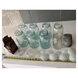 7 Atlas 1 qt canning jars, 6 green, w/ white glass