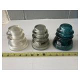 3 glass insulators 1 a green/blue