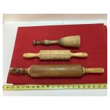 2 wooden  rolling pins & wooden masher/pestle