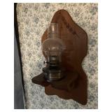 Kerosene oil lamp w/wood wall hanger