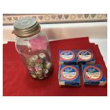 Large Ball Canning jar w/wooden spools of thread