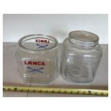 2 vintage glass jars, no lids 1 marked Lance