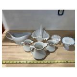 Mayer China pieces, 2 Hobnail milk glass pcs &