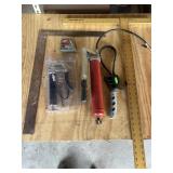 T square, grease guns, tape measure