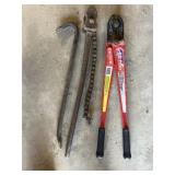 Bolt cutters, chain wrench, wrecking bar