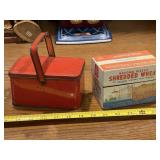 Vintage Shredded Wheat Recipe box & Red lunch box
